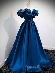 A-Line Off Shoulder Satin Blue Long Evening Prom Dress, Blue Evening Dress