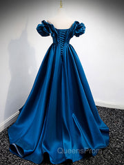 A-Line Off Shoulder Satin Blue Long Evening Prom Dress, Blue Evening Dress