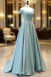 A-Line Off Shoulder Satin Blue Long Evening Prom Dress, Blue Long Evening Dress
