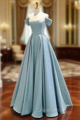 A-Line Off Shoulder Satin Blue Long Evening Prom Dress, Blue Long Evening Dress