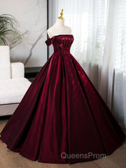 A-Line Off Shoulder Satin Burgundy Long Evening Prom Dress, Burgundy Evening Dress With Beads