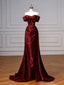 A-Line Off Shoulder Satin. Burgundy Long Classy Prom Dress, Burgundy Long Prom Dress