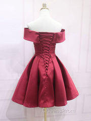 A-Line Off Shoulder Satin Burgundy Short Evening Prom Dress, Burgundy Homecoming Dress