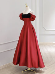 A-Line Off Shoulder Satin Dark Red Long Evening Prom Dress, Red Long Formal Dress