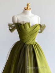 A-Line Off Shoulder Satin Green Long Evening Prom Dress, Green Formal Dress