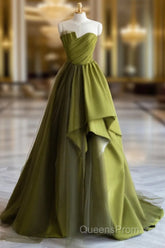 A-Line Off Shoulder Satin Green Long Evening Prom Dress, Green Formal Dress