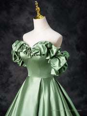 A-Line Off Shoulder Satin Green Long Prom Dress, Green Long Formal Dress