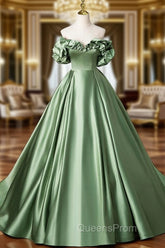 A-Line Off Shoulder Satin Green Long Evening Prom Dress, Green Long Evening Dress