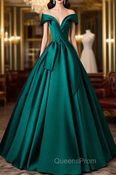 A-Line Off Shoulder Satin Green Long Evening Prom Dress, Green Long Evening Dress