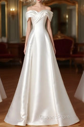 A-Line Off Shoulder Satin ivory Long Evening Prom Dress, Satin Long Evening Dress