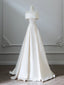 A-Line Off Shoulder Satin Light Champagne Long Classy Prom Dress, Light Champagne Prom Dress