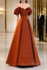 A-Line Off Shoulder Satin Orange Long Evening Prom Dress, Orange Evening Dress
