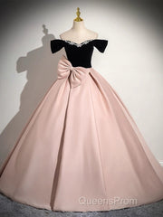 A-Line Off Shoulder Satin Pink Long Evening Prom Dress, Pink Long Formal Dress