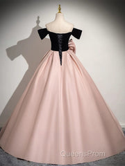 A-Line Off Shoulder Satin Pink Long Evening Prom Dress, Pink Long Formal Dress