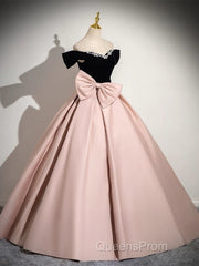 A-Line Off Shoulder Satin Pink Long Evening Prom Dress, Pink Long Formal Dress