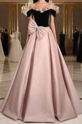 A-Line Off Shoulder Satin Pink Long Evening Prom Dress, Pink Long Formal Dress