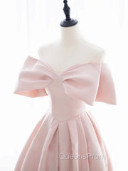 A-Line Off Shoulder Satin Pink Short Evening Prom Dress, Pink Homecoming Dress