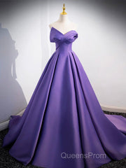 A-Line Off Shoulder Satin Purple Long Evening Prom Dress, Purple Long Evening Dress