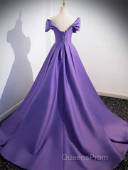 A-Line Off Shoulder Satin Purple Long Evening Prom Dress, Purple Long Evening Dress