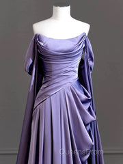 A-Line Off Shoulder Satin Purple Long Evening Prom Dress, Purple Long Formal Dress