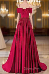 A-Line Off Shoulder Satin Red Long Evening Prom Dress, Red Evening Dress