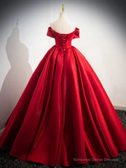 A-Line Off Shoulder Satin Red Long Prom Dress, Red Long Evening Dress