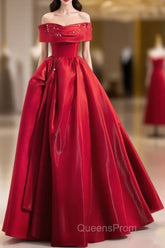 A-Line Off Shoulder Satin Red Long Evening Prom Dress, Red Long Evening Dress