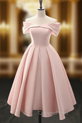 A-Line Off Shoulder Satin Tea Length Pink Evening Prom Dress, Pink Evening Dress