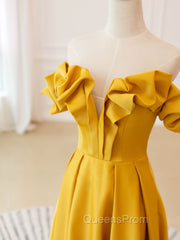 A-Line Off Shoulder Satin Yellow Long Evening Prom Dress, Yellow Evening Dress