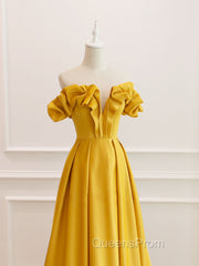A-Line Off Shoulder Satin Yellow Long Evening Prom Dress, Yellow Evening Dress