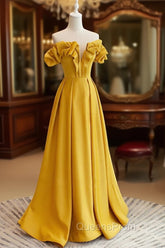A-Line Off Shoulder Satin Yellow Long Evening Prom Dress, Yellow Evening Dress