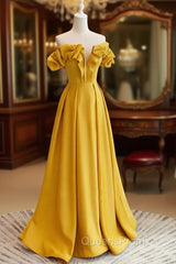 A-Line Off Shoulder Satin Yellow Long Evening Prom Dress, Yellow Evening Dress