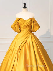 A-Line Off Shoulder Satin Yellow Long Evening Prom Dress, Yellow Long Formal Dress
