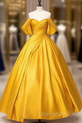 A-Line Off Shoulder Satin Yellow Long Evening Prom Dress, Yellow Long Formal Dress