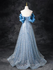 A-Line Off Shoulder Sequin Beads Blue Long Evening Prom Dress Sparkly Evening Dress