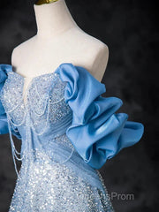 A-Line Off Shoulder Sequin Beads Blue Long Evening Prom Dress Sparkly Evening Dress
