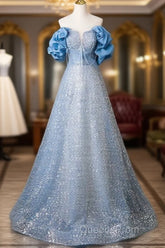 A-Line Off Shoulder Sequin Beads Blue Long Evening Prom Dress Sparkly Evening Dress