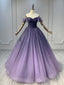 A-Line Off Shoulder Sweetheart Shiny Tulle Purple Ball Gown Classy Prom Dress