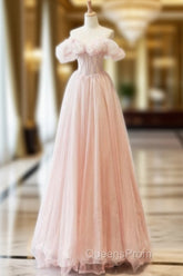 A-Line Off Shoulder Tulle Beads Pink Long Evening Prom Dress, Pink Tulle Long Evening Dress