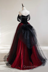 A-Line Off Shoulder Tulle Black/Burgundy Long Evening Prom Dress
