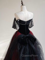 A-Line Off Shoulder Tulle Black/Burgundy Long Evening Prom Dress