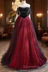 A-Line Off Shoulder Tulle Black/Burgundy Long Evening Prom Dress