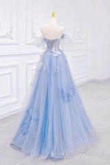 A-Line Off Shoulder Tulle Blue Long Evening Prom Dress, Blue Long Formal Dress