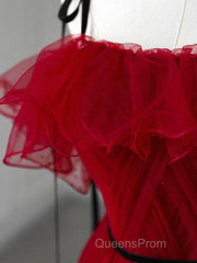 A-Line Off Shoulder Tulle Burgundy Long Evening Prom Dress, Burgundy Long Formal Dress