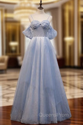 A-Line Off Shoulder Tulle Gray Blue Long Evening Prom Dress, Gray Blue Long Evening Dress