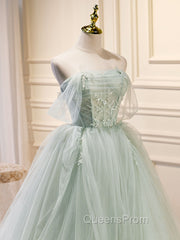 A-Line Off Shoulder Tulle Green Long Evening Prom Dress, Green Evening Dress with Beading