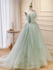 A-Line Off Shoulder Tulle Green Long Evening Prom Dress, Green Evening Dress with Beading