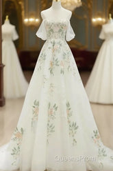 A-Line Off Shoulder Tulle Lace Applique White Long Evening Prom Dress, White Long Formal Dress