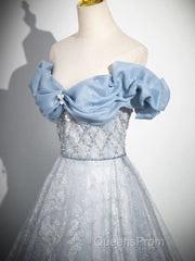 A-Line Off Shoulder Tulle Lace Beads Blue Long Evening Prom Dress, Blue Long Formal Dress