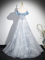 A-Line Off Shoulder Tulle Lace Beads Blue Long Evening Prom Dress, Blue Long Formal Dress